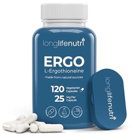 LongLifeNutri- LErgotioneina 25mg 120 Cápsulas Vegetarianas, Suministro para 4 Meses, Antioxidante Natural y Su a Base de Plantas