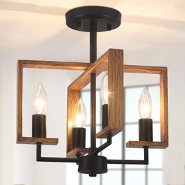 TOULMJ 4-Light Semi Flush Ceiling Light, Wood Ceiling Light Fixture, Farmhouse Light Fixture for Kitchen Island, Hallway, Entryway, Laundry Room, Bedroom