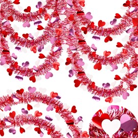 66FT Valentine's Day Heart Tinsel Garland Pink Red White Metallic Twist Garland Shining Ceiling Hanging Decorations for Valentine's Day Tree Party Anniversary Wedding Birthday Holiday Indoor Supplies