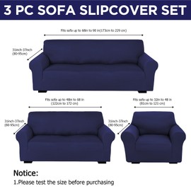 Peryiter 3 Pcs Slipcover Set for Couch Furniture Covers for Sofa Loveseat Couch Arm Chair, Form Fit Stretch, Wrinkle Free, Furniture Protector(Navy Blue,Milk Silk Spandex)