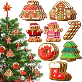 48 Pieces Christmas Gingerbread Ornaments Tree Ornaments Wooden Gingerbread Decor Gingerbread Christmas Decorations Doughnut Stocking Tree House Candy Christmas Ornaments for Holiday Party Decor
