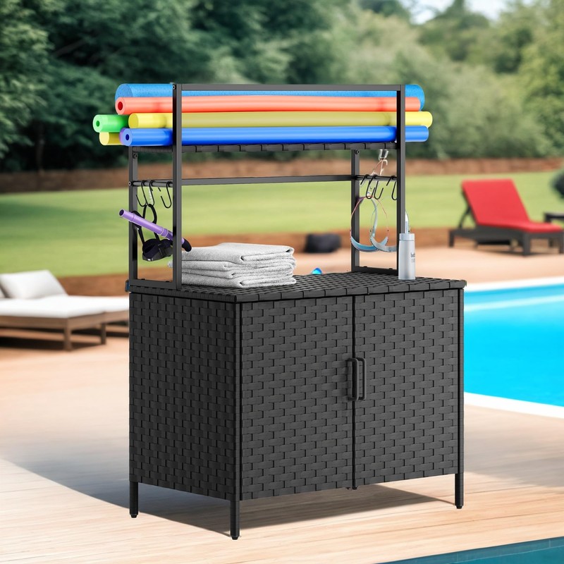 DWVO Pool Float Storage, Poolside Organizer with Storage Cabinet,PE Rattan