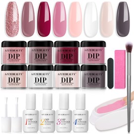 AZUREBEAUTY 18Pcs Dip Powder Nail Kit Starter, 8 Colors Clear Nude Pink Glitter All Season Dipping Powder System Essential Liquid Set with Top/Base Coat for French Nail Art Manicure DIY Salon