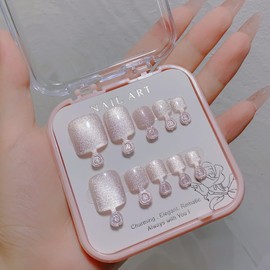 24 Pcs Nude Press on Toenails Short Square Fake Toe Nails Silver Glitter False Toenails Glossy Acrylic Toe Nails with Cat Eye Designs Full Cover Stick on Toenails Artificial Toenails for Women Girls