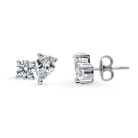 BERRICLE Sterling Silver 2-Stone Cubic Zirconia CZ Fashion Stud Earrings for Women, Rhodium Plated