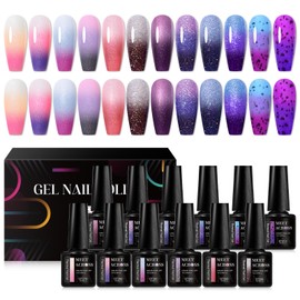MEET ACROSS 12PCS Thermal Nail Gel Polish, Temperature Shiny Color Changing Gel Polish, Soak Off UV Sequins Gel Polish Nail Art DIY Salon Manicure Gifts