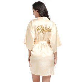 Prohonbec Women's Satin Kimono Bridal Bathrobe with Golden Glitter, Belt for Wedding Party, Bridal Day Dressing Gown, Champagne Bride