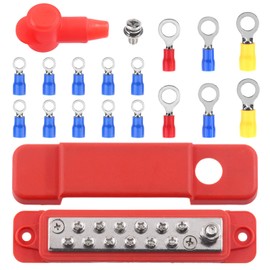 Tanstic 12 Terminal Power Distribution Block with Ring Terminals, 12 Terminals Bus Bar 1/4 Inch Stud, 12 x M4 (#8) Terminal Screws, Red