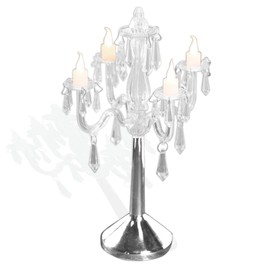 TCDesignerProducts Plastic Crystal Chandelier Centerpiece, 10.8 Inches High, 4 Candelabra Arms, 4 Battery Operated LED Candles