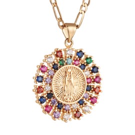 HZMAN 14K Gold Plated Round Hollow Virgin Mary Prayer Necklace Our Lady of Guadalupe Multicolor Cubic Zirconia Amulet Pendant for Women Daughter Jewelry Gift