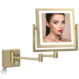 RECKODOR 8" Brass Square Bathroom Lighted Vanity Wall Mounted Mirror Swing Srm Gold, 2 Sided 1X/3X LED Magnifying Makeup Mirror with Extension Arm, Shower Shaving Mirror Touch Sensor Dimming HardWired
