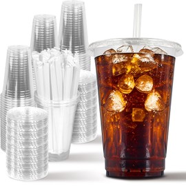 Ginkgo 100 Pack 24oz Clear Plastic Cups with Lids and Straws - Disposable Cold Drink Cups for Iced Coffee, Smoothies, Soda, Juice, Party or Commercial Use
