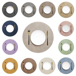 HSTWODE Tischsets Abwaschbar Leder und Untersetzer, Doppelseitigen Platzset Rund Ø 33cm 4er Set rutschfest Glasuntersetzer Platzdeckchen Leder Kunstleder Tischset (Mandel)