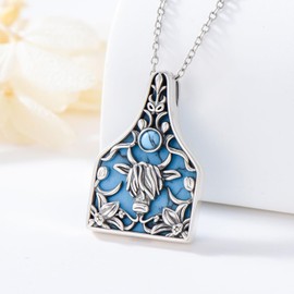 Brisskaari Western Turquoise Cow Necklace for Cowgirl Cowboy, 925 Sterling Silver 18k White Gold Plated Cow Cattle Pendant Necklace (Turquoise Flower-A)