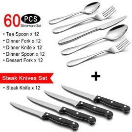 LIANYU 72-Piece Silverware Set with Steak Knives, Stainless Steel Flatware Cutlery Set for 12, Fork Spoon Knife Set Eating Utensils Tableware, Dishwasher Safe
