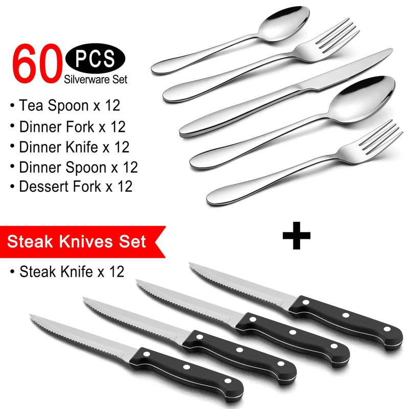LIANYU 72-Piece Silverware Set with Steak Knives, Stainless Steel Flatware