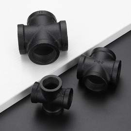 1" Black Pipe Fittings 4-Way Cross Fitting - Home Expert 4 Pack Malleable Cast Iron 4-Way Connector Threaded Pipe Fittings for Industrial Pipe Shelves Bracket, Vintage Industrial Pipe Furniture