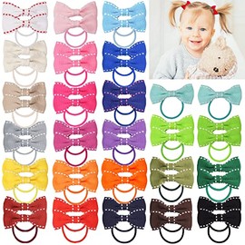 BBGifts 50PCS Tiny Baby Hair Ties with Stripe Bows, 2 Inch Baby Bows Sewing Hair Ties, 25 Pairs Soft Elastics Ponytail Holders Hair Accessories for Infants Toddlers