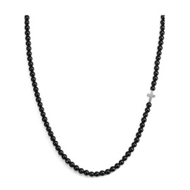 CrystalTears Men's Necklace 6 mm Beads Obsidian Pearl Necklace with Cross Pendant Healing Reiki Jewellery Gift for Friend Dad, Gemstone, Obsidian