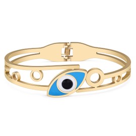 WEVENI Cute Stainless Steel Turkish Eye Bracelet Cuff Bracelets 18K Gold Evil Eye Happy Jewellery Gifts Charms for Women Girls, Stainless Steel, Zircon gemstone.