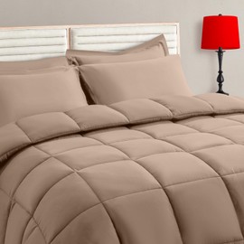 TAIMIT Beige Queen Size Comforter Set - 7 Pieces, Bed in a Bag Bedding Sets with All Season Soft Quilted Warm Fluffy Reversible Comforter,Flat Sheet,Fitted Sheet,2 Pillow Shams,2 Pillowcases