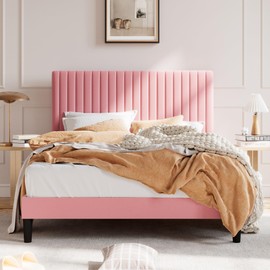SHA CERLIN Full Upholstered Platform Bed Frame with Adjustable Headboard/Vertical Channel Tufted Velvet Fabric/Wooden Slats Support/Mattress Foundation/Box Spring Optional/Pink