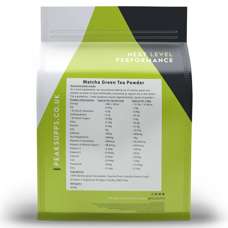 Matcha Green Tea Powder 250g | Peak Supps Packaging May