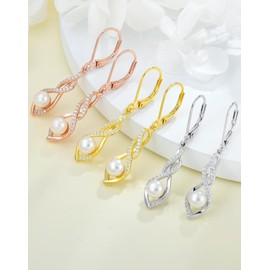 YL Infinity Twisted Earrings for Women, Solid Sterling Silver 18K White Gold Plated Birthstone Dangle Drop Leverback Earrings Jewelry, Sterling Silver, Pearl
