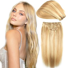 Human Hair Clip in Extensions Dark Blonde Highlighted Bleach Blond Full Head Silky Straight Clip in Natural Remy Human Hair Extensions 120g 8pcs (22 inch, 18/613)