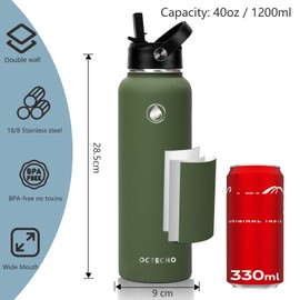 OcTecho Metal Water Bottle with Straw, 1200ml Stainless Steel Water Bottle 2 Leakproof Lids, BPA Free Double Walled Vacuum Insulated Water Bottle Thermal for 12h Hot & 24h Cold,for Travel-Olive Green