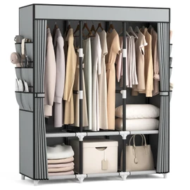 VTRIN Portable Closet Wardrobe for Hanging Clothes Closet with Cover, 3 Hanging rods, 6 Storage Shelves and Side Pocket, Diameter 19mm Metal Pipe, Sturdy Free Standing Closet for Bedroom