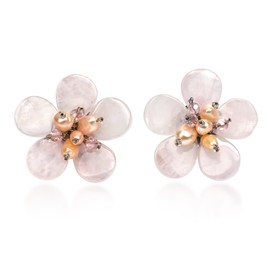 AeraVida Romantic Tropics Pink Glass & Cultured Freshwater Pearl Flower Clip On Earrings | Sterling Silver Clip on Earrings | Earrings for Women