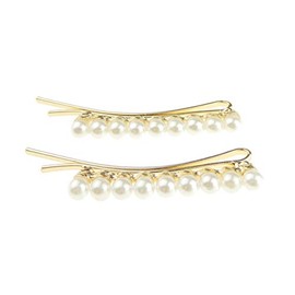 Womens Girls Sparkly Bow Rhinestone Jeweled Crystal Diamante Party Birthday Christmas Bridal Wedding Accessories Slides Hairpin Hair Clips Grips Bobby Pins Set of 2 Gold Tone Faux Pearl