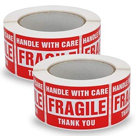 2 Rolls/1000 Labels,Handle with Care Fragile Thank You, Red Warning Shipping Label Stickers (2" x 3")