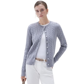 SUUKSESS Women Cable Knit Cashmere Sweaters Crew Neck Button Up Chunky Cardigan Long Sleeve Cropped Fall Fashion Outfits Jackets (Grey, M)