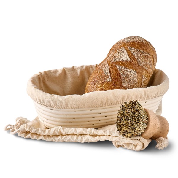 Oval Proofing Basket, 28 cm, Set with Brush, Linen Cloth