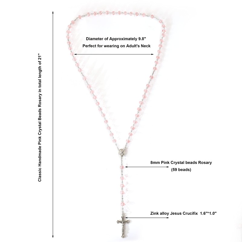 Light Pink Crystal Beads Rosary Catholic Necklace Holy Soil Medal