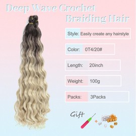 MLETULIPS Curly Crochet Braiding Hair Extensions Deep Wave Braiding Hair Ocean Wave Crochet Hair Soft Synthetic Bohemian Curly Water Wave Crochet Braids for Women (OT4/20#, 20 inch/3 pack)