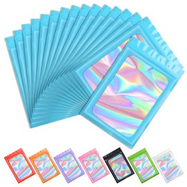 Funfery 100 pcs Blue Smell Proof Mylar Holographic Bags Packaging Bags,Clear Resealable Odor Proof Bags Foil Pouch Bags for Food Storage,Lipgloss,Jewelry,Eyelash Packaging for Small Business(3x4.7In)