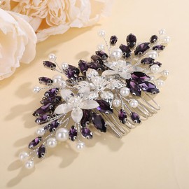 Teyglen Flower Rhinestone Bridal Hair Comb Wedding Crystal Hair Piece Silver Flower Purple Crystal Wedding Hair Comb Vintage Flower Headpiece for Bride Wedding Hair Accessories for Women(Purple)