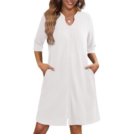 Ekouaer Zipper Robes for Women 3/4 Sleeve Waffle Knit Bathrobe Lightweight Short Housecoat with Pockets Soft Loungewear