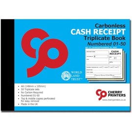 Cherry Carbonless (NCR) Cash Receipt Book Triplicate A6 50 Sets Numbered 1-50 Perfect for The Self Employed and Taxis **4 Pack**