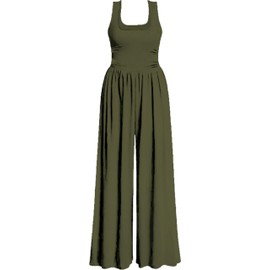 AGUCEG Women's Summer Jumpsuit Square Neck Sleeveless Jumpsuit Wide Leg Romper with Pockets Elegant Casual One-Piece Baggy, Green, L