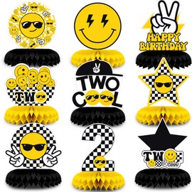 NANAGALI 9 Pcs Two Cool Honeycomb Centerpiece Two Cool Birthday Party Decorations - Happy Face 2nd Table Toppers Centerpieces Birthday Party favors for Boy