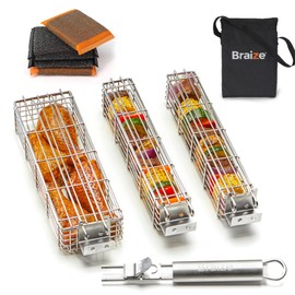 Braize Large Kabob Grilling Basket with Removable Handle. Stainless Steel construction with a Larger Capacity (12 x 2 x 2) and secure easy latch lid. (3-Piece Set – Bag & Sponges Included)