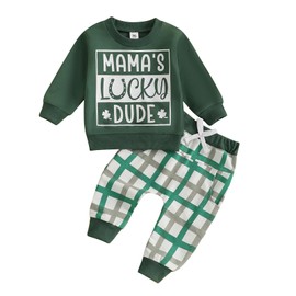 Geagodelia Baby Boy St. Patrick’s Day Outfits Lucky Clover Charm Clothes Long Sleeve Sweatshirt Jogger Trouser Green Tracksuit (Army Green, 2-3 Years)