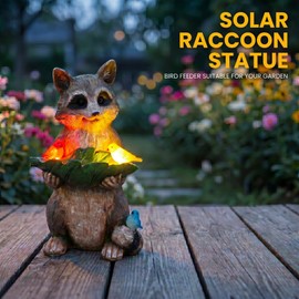 Solar Raccoon Sculpture Bird Feeder and Succulent Planter, Outdoor Garden Decor with LED Lights, Weather Resistant Garden Gift