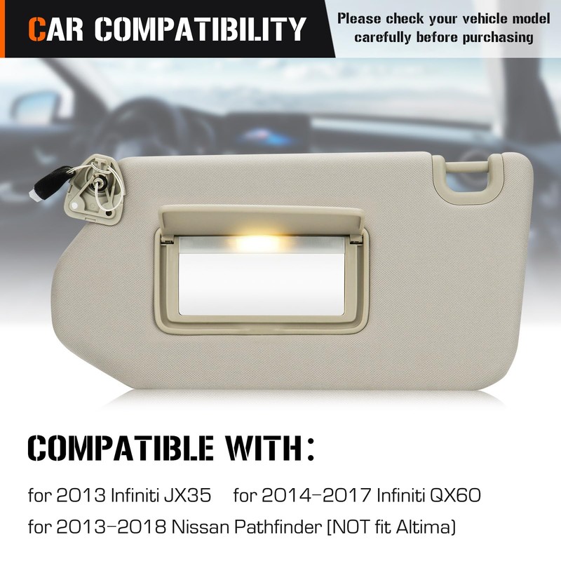 Sun Visor with Light for 2013-2018 Nissan Pathfinder, 2014-2017 Infiniti