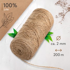 goldmariechen Premium Jute Twine - 200 m Cord with Approx. 2 mm Thickness - Made from 100% Natural Materials - Jute Rope for Garden, Crafts, DIY and Gift Wrapping
