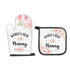 FIicy Nanny Gifts Oven Mitts and Pot Holders Sets, Nanny Gifts for Grandma from Grandkids Kitchen Decor Accessories Sets, World’s Best Nanny Heat Resistant Oven Glove Potholders for Kitchen Cooking